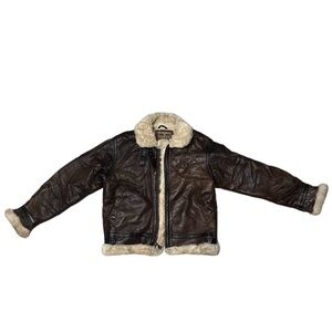 Y2K 14 Wilderness Guess USA Kids Boys Brown Genuine Leather Fur Trimmed Jacket
